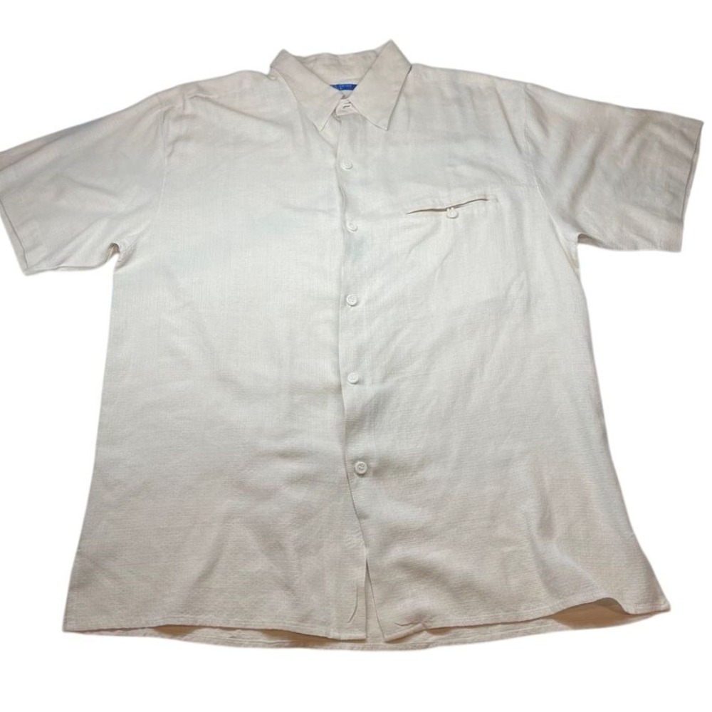 LINEA DOME 100% Silk Short Sleeve Camp Button Up Shirt Ivory Mens Medium Casual